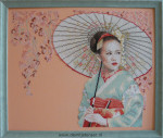 Borduurwerk, Geisha met parasol, opspannen en inlijsten
